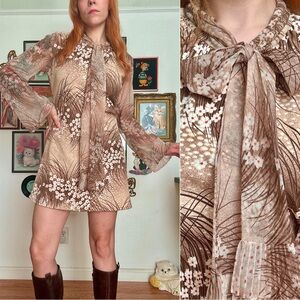 Vintage 60s Leslie Fay mini dress with sheer bell sleeves and tie (as is)